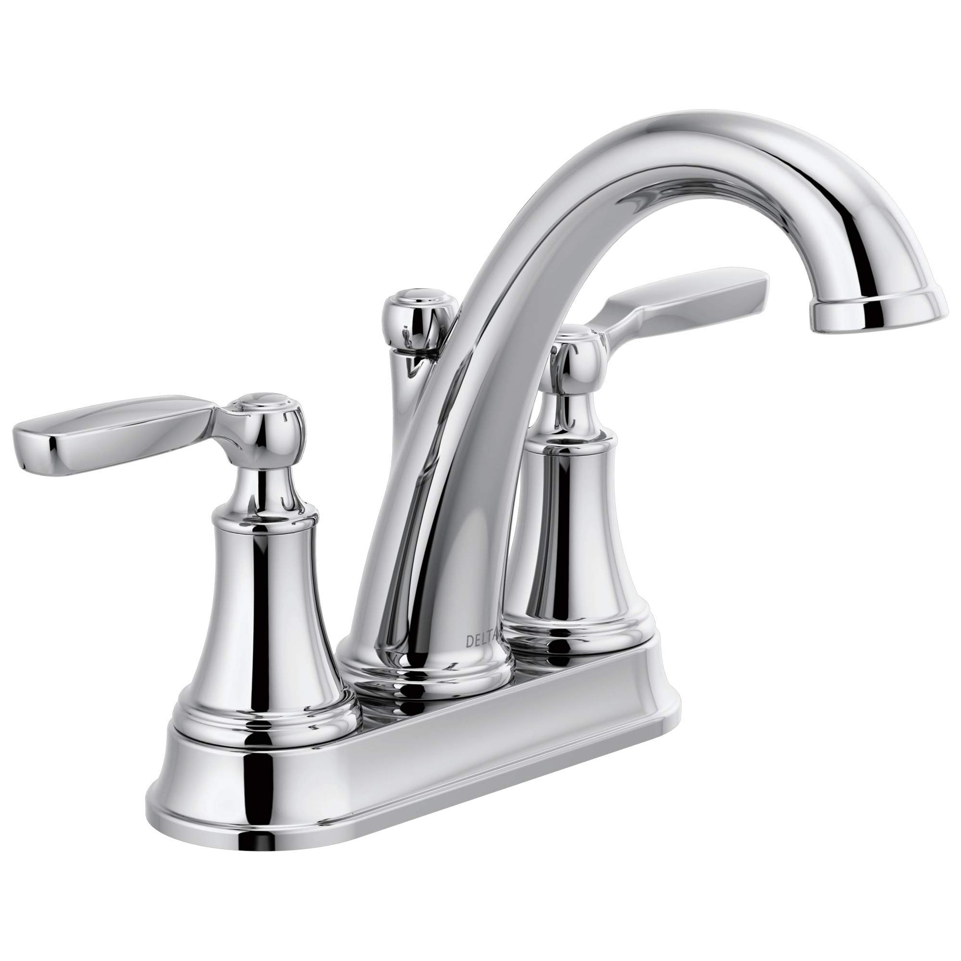 Chrome two-handle centerset bathroom faucet with curved spout and lever handles.