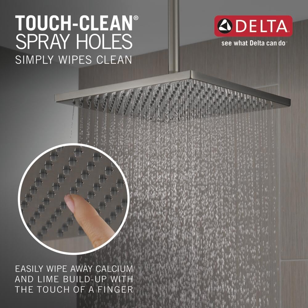 Stainless steel square raincan shower head with multiple spray holes suspended from ceiling pipe, with detail circle showing 