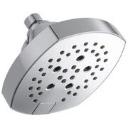 Chrome shower head with curved rectangular face and multiple spray nozzles, connected to adjustable arm mount.