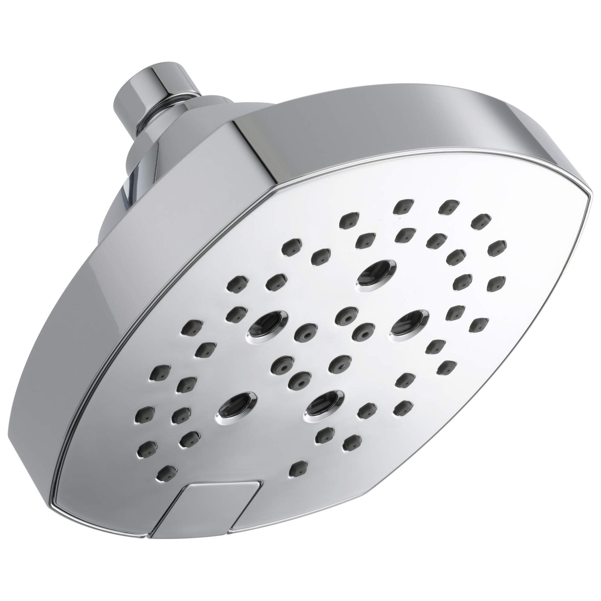 Chrome shower head with curved rectangular face and multiple spray nozzles, connected to adjustable arm mount.