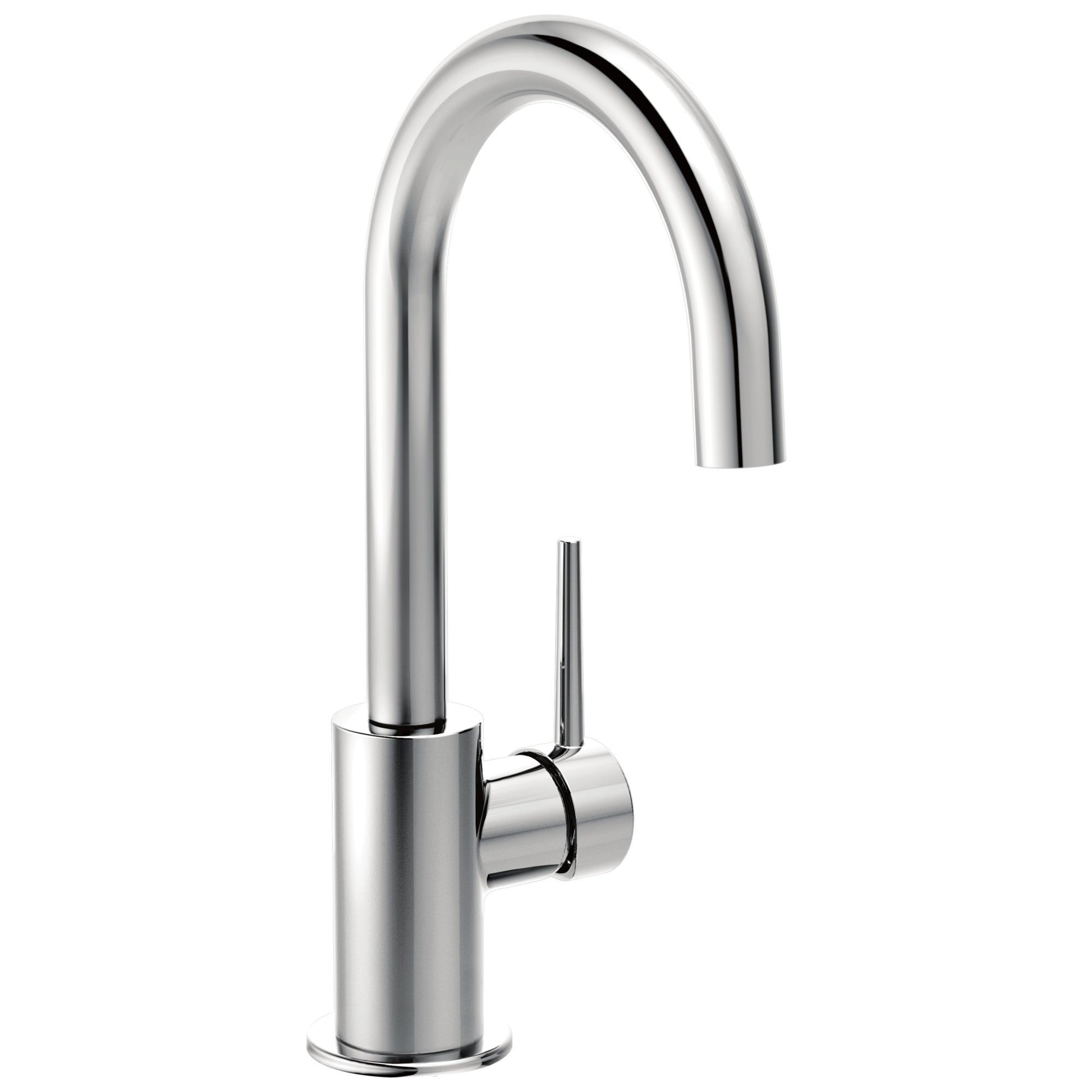 Chrome kitchen faucet with curved spout and single lever handle in brushed finish.