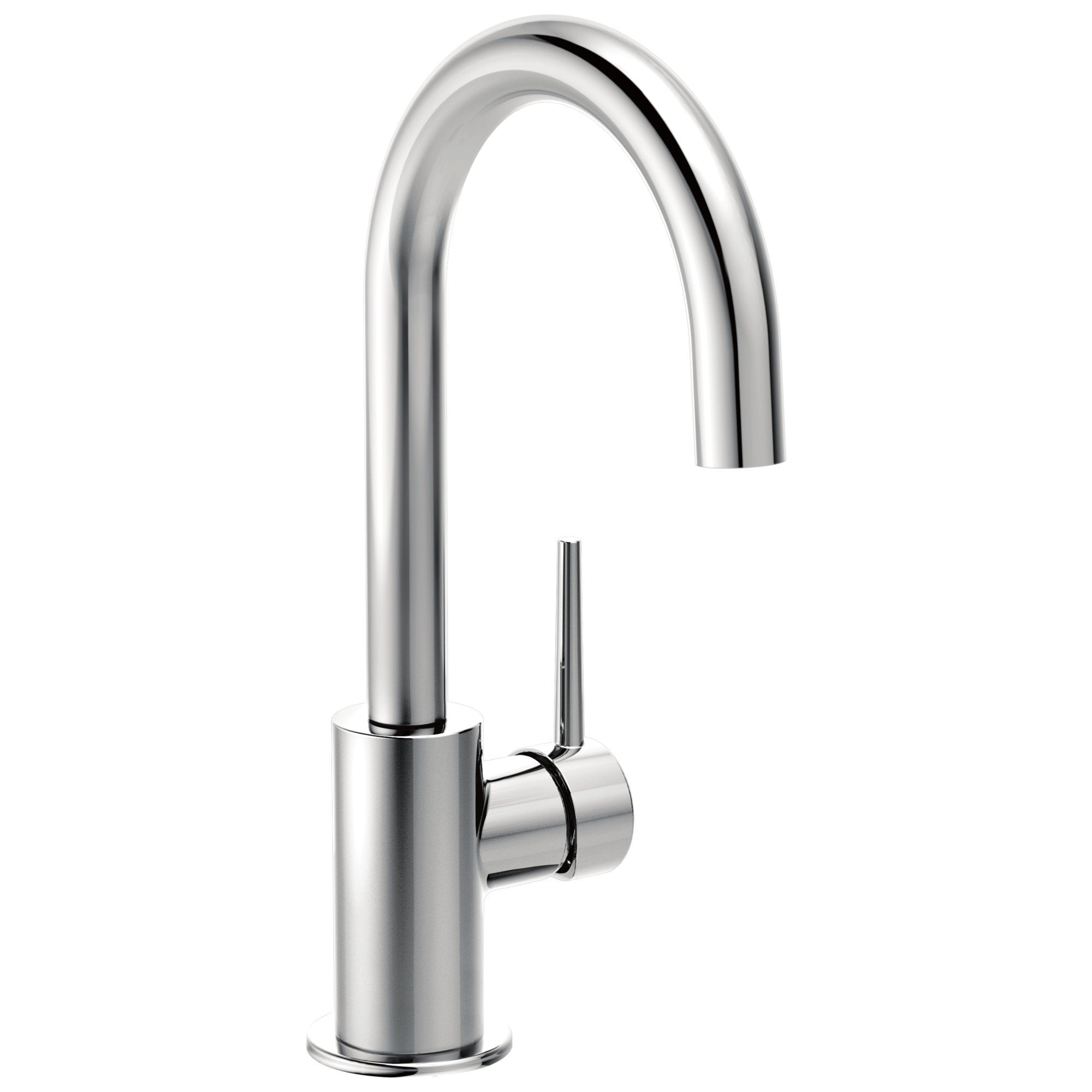 Chrome kitchen faucet with curved spout and single lever handle in brushed finish.