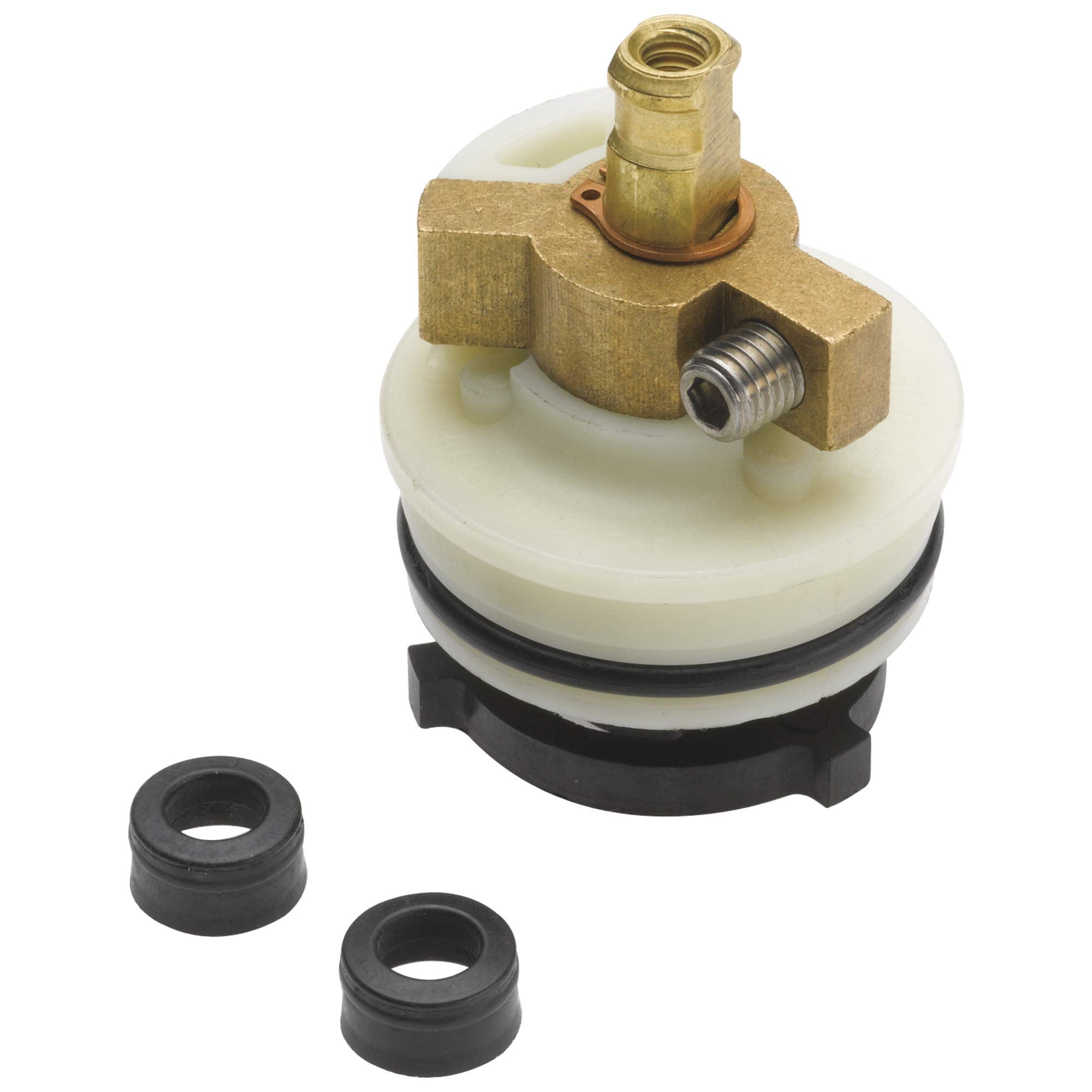 Brass stem unit with cream and black rubber seals and two separate black rubber seat rings.