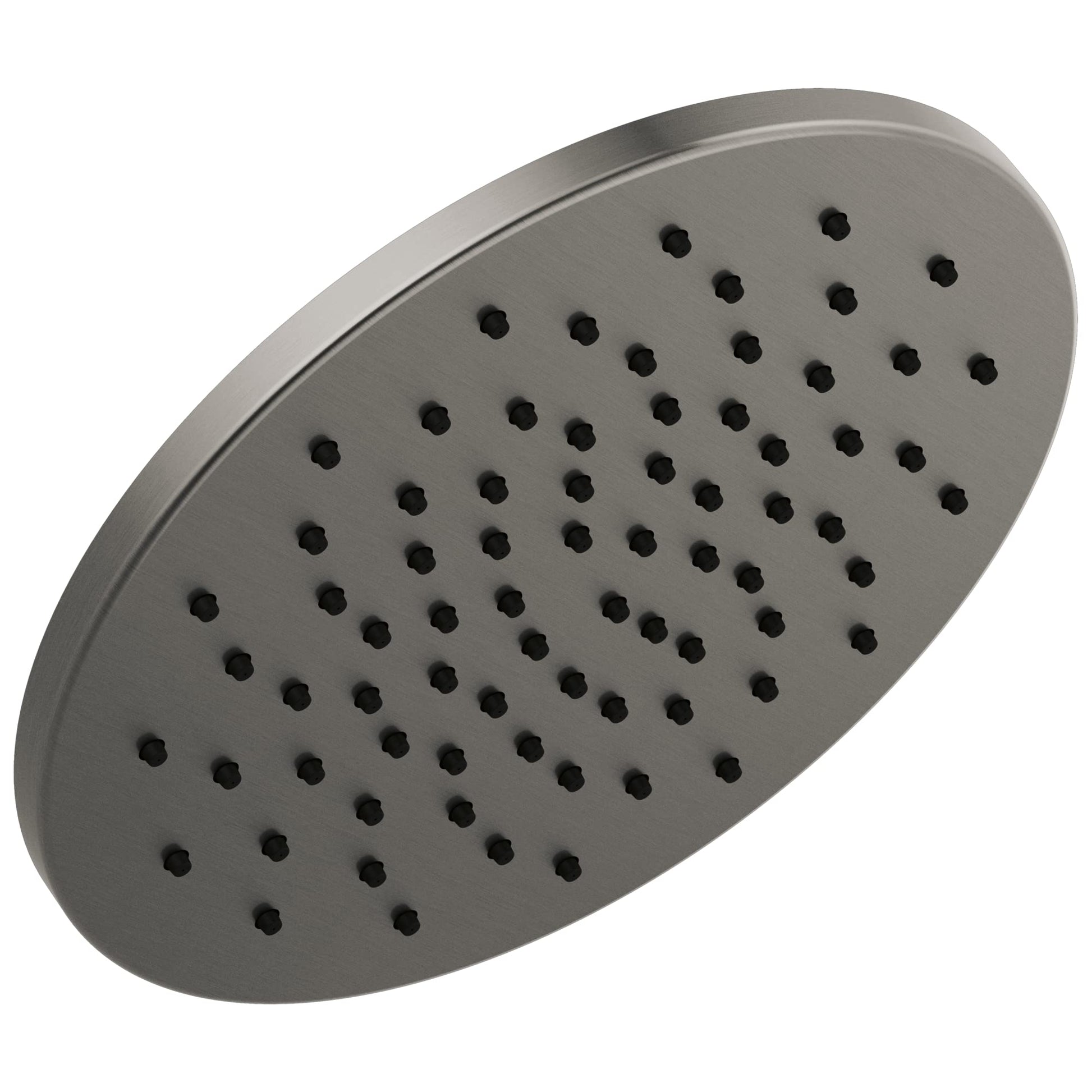 Chrome metal raincan shower head with multiple evenly distributed spray holes across circular face.