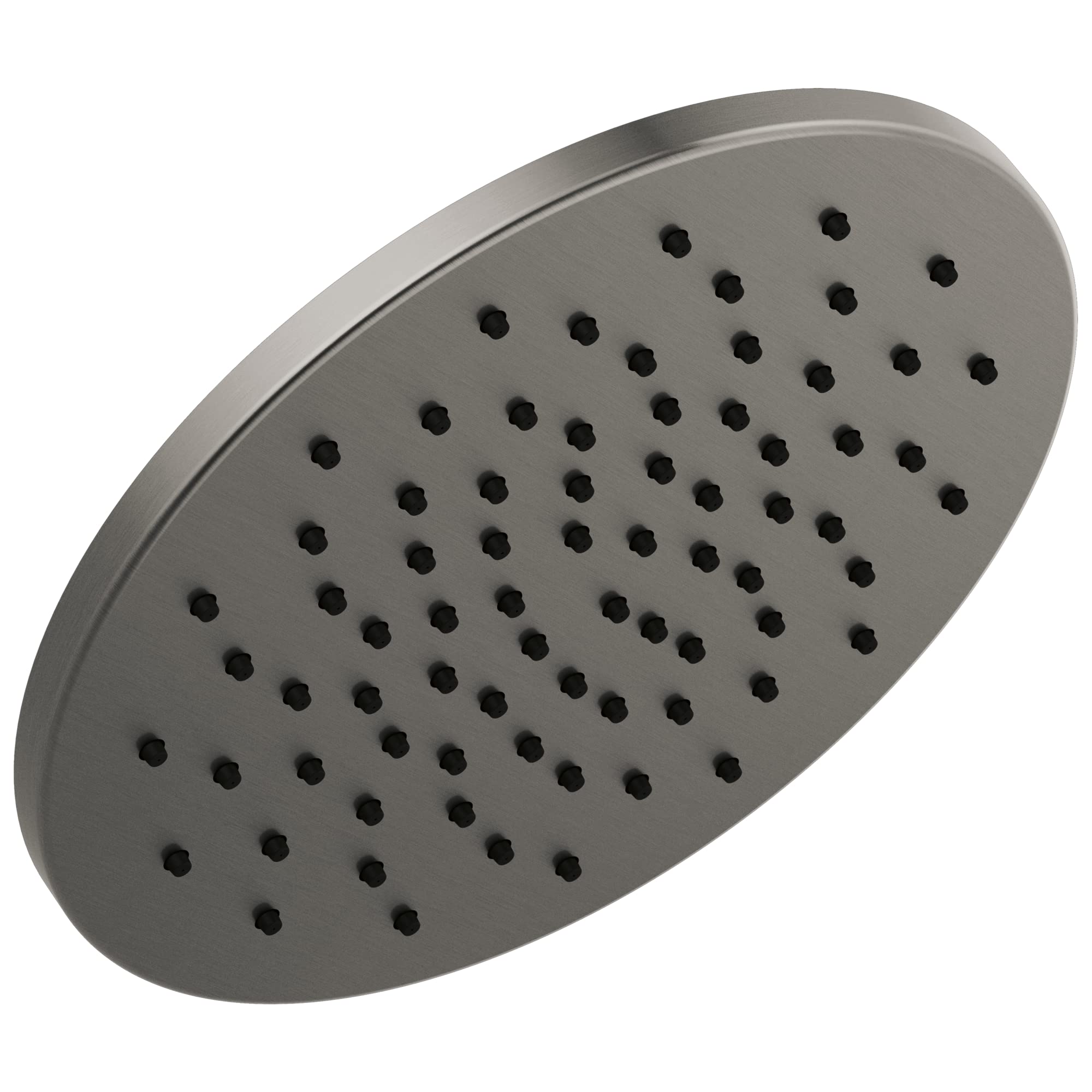 Chrome metal raincan shower head with multiple evenly distributed spray holes across circular face.