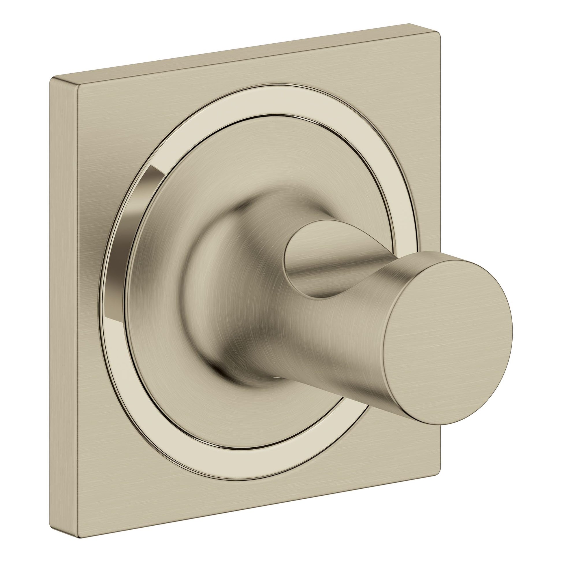 Brushed nickel towel hook with cylindrical knob and circular decorative backplate.