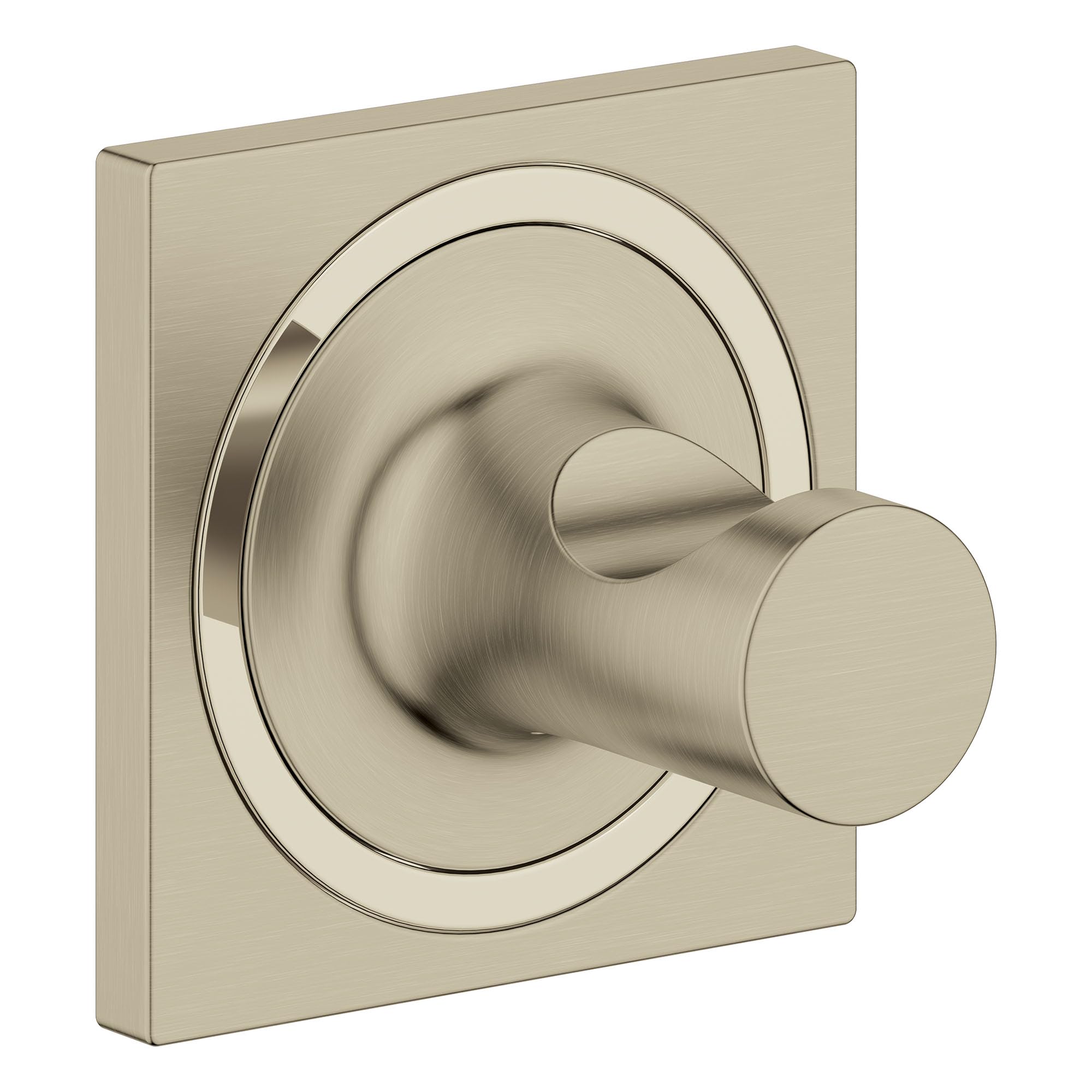 Brushed nickel towel hook with cylindrical knob and circular decorative backplate.