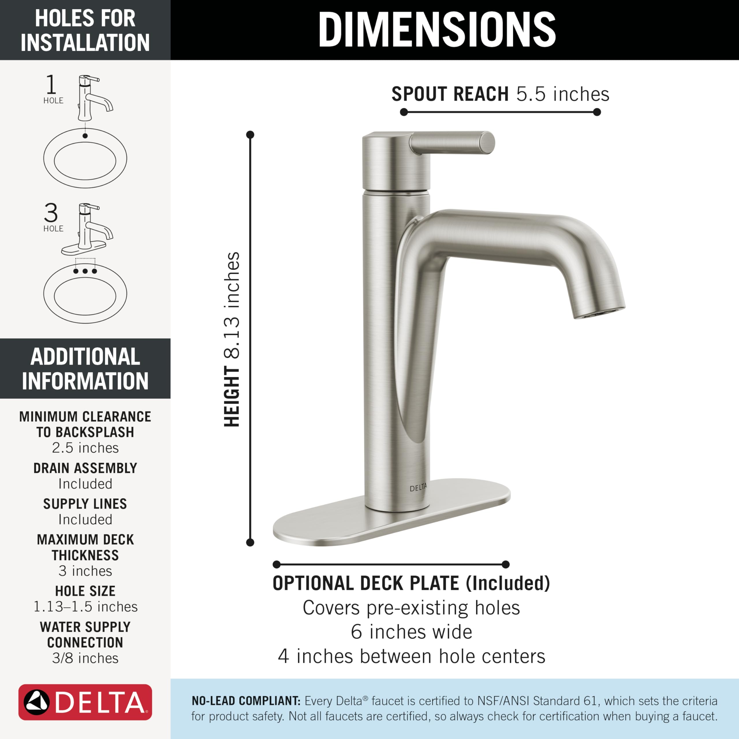 Single-handle bathroom faucet in brushed stainless steel with 8.13-inch height and 5.5-inch spout reach.