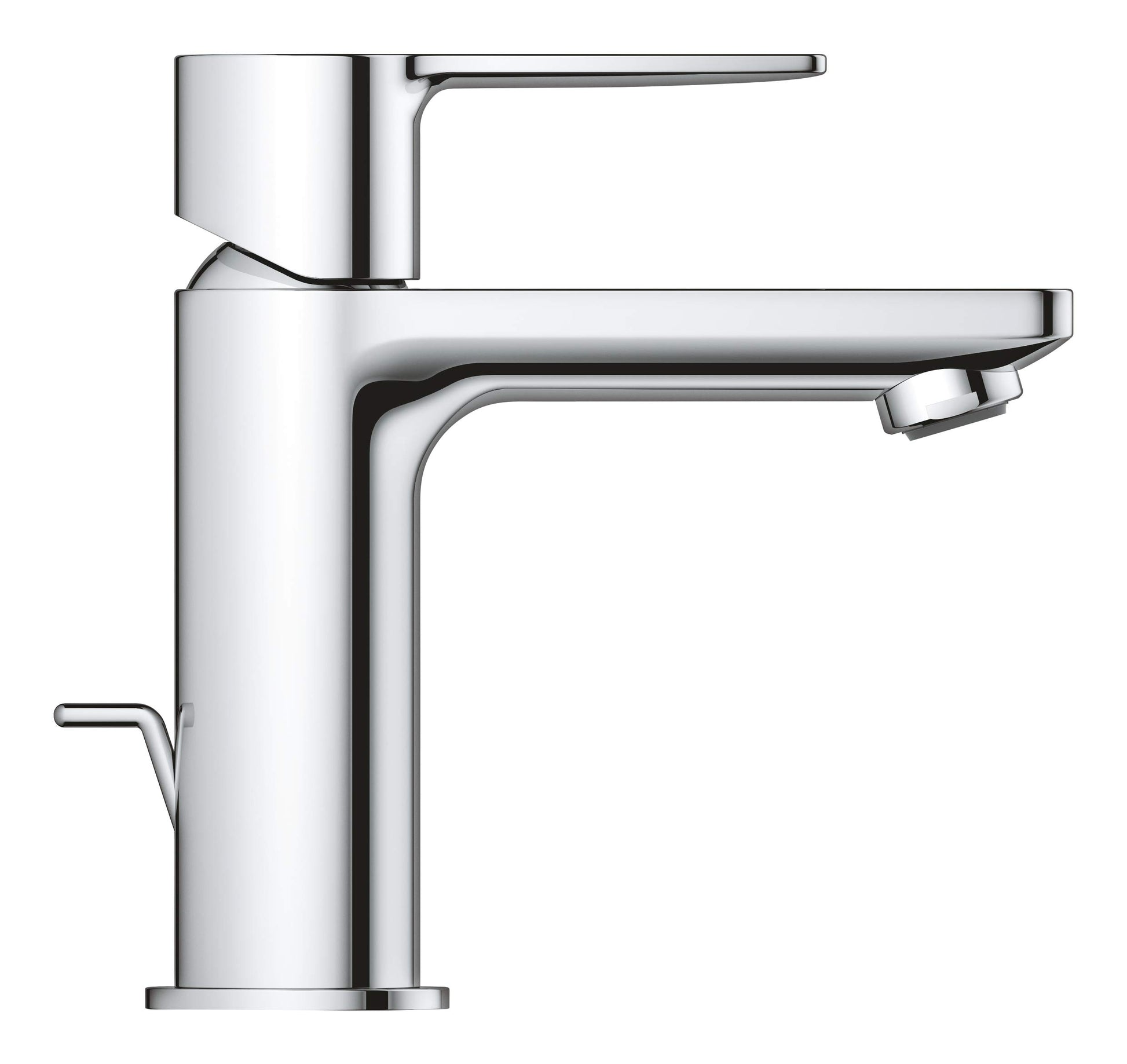 Chrome single-handle bathroom faucet with cylindrical body, angled spout, and small handle lever on side.