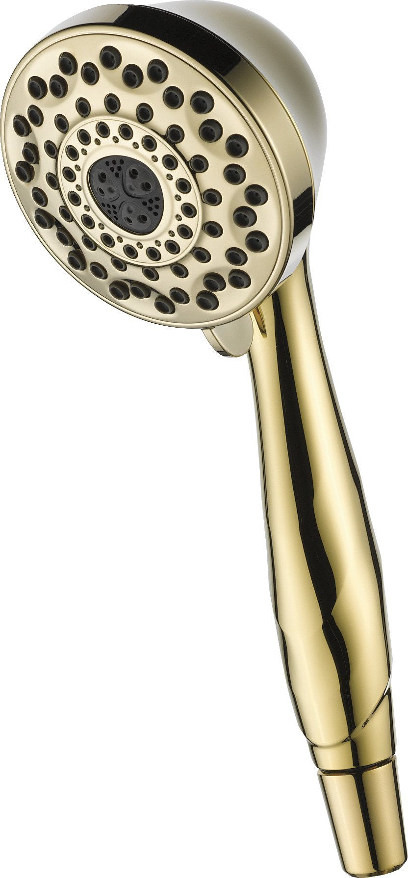 Champagne gold hand shower with round head featuring multiple concentric rings of spray holes and black trim accents.