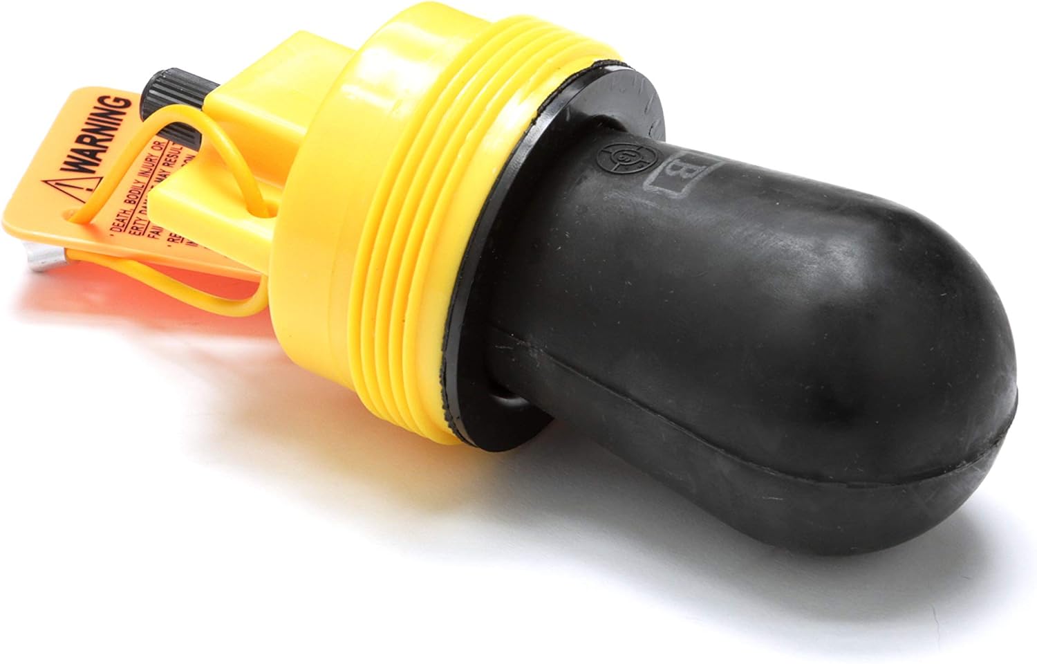 Pneumatic plug with yellow threaded collar, black dome end cap, and yellow warning tag attached.