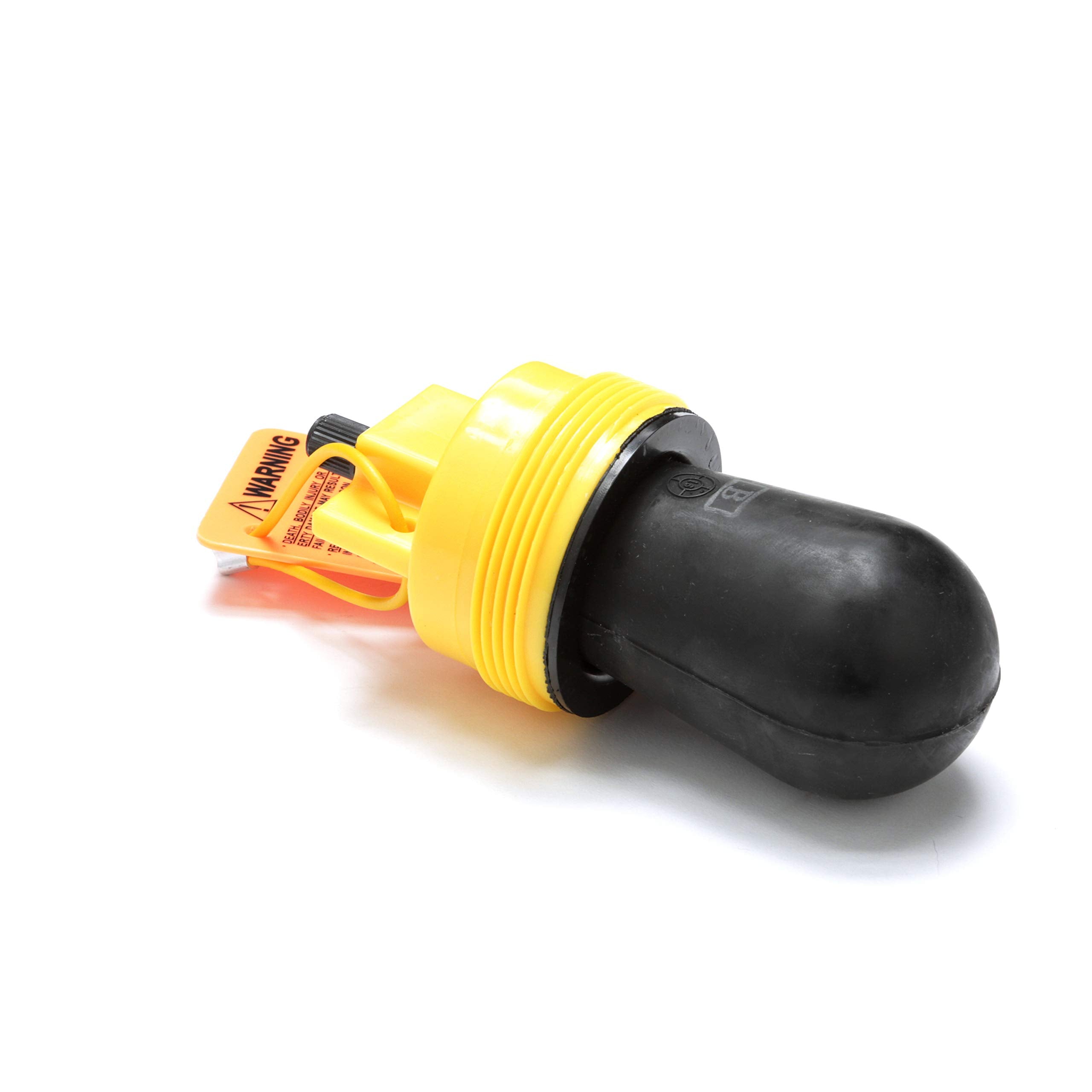 Black rubber test plug with yellow threaded collar and warning tag attached.