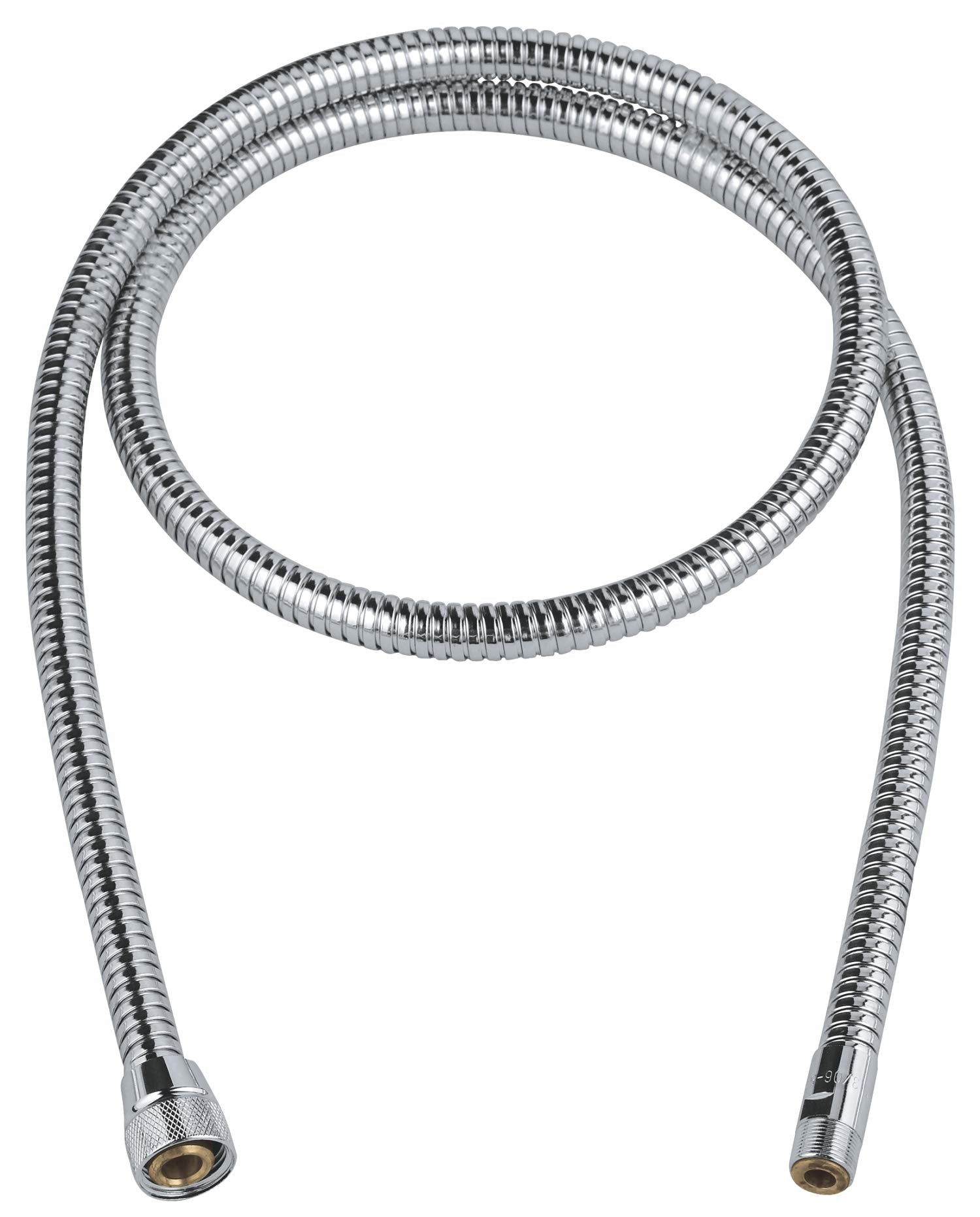 Chrome metalflex hose with brass connectors at both ends, coiled in a loop configuration.