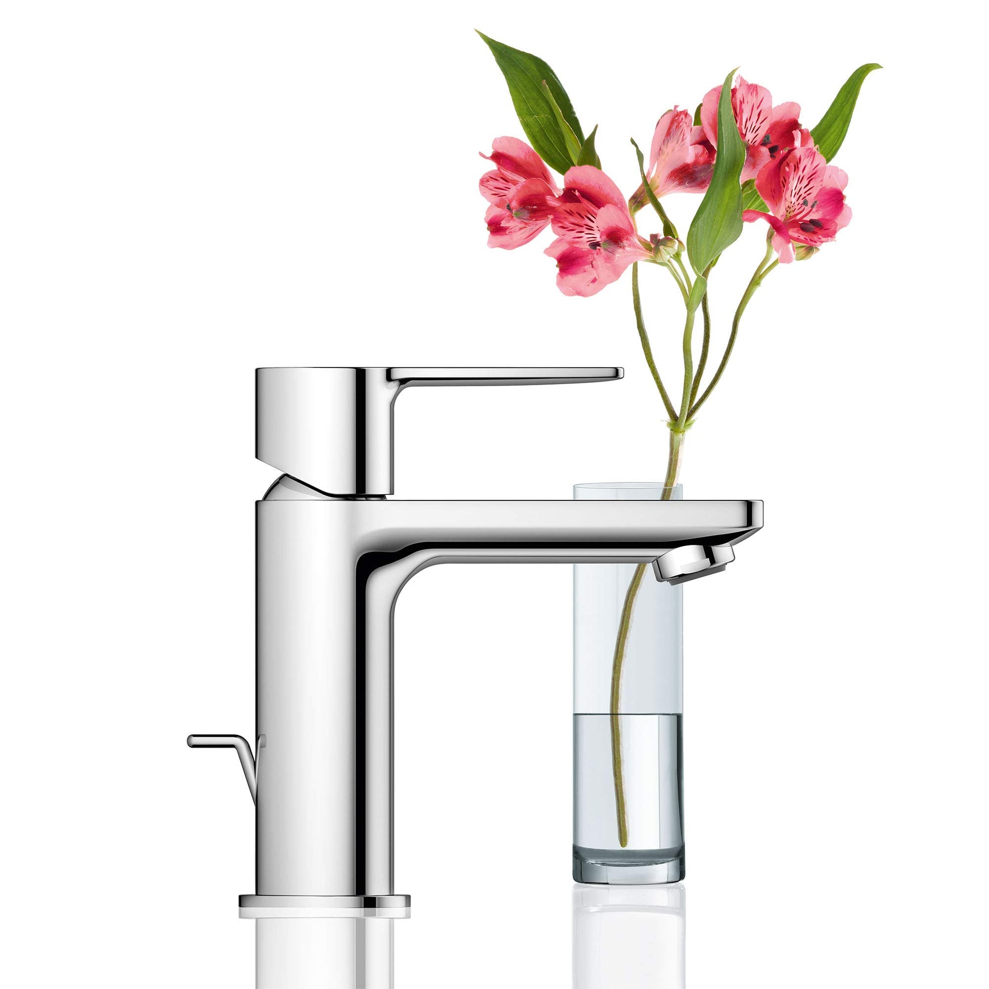 Chrome single-handle bathroom faucet with angular spout and compact cylindrical body.