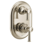 Polished nickel shower trim with oval backplate and two lever handles for water control and temperature adjustment.