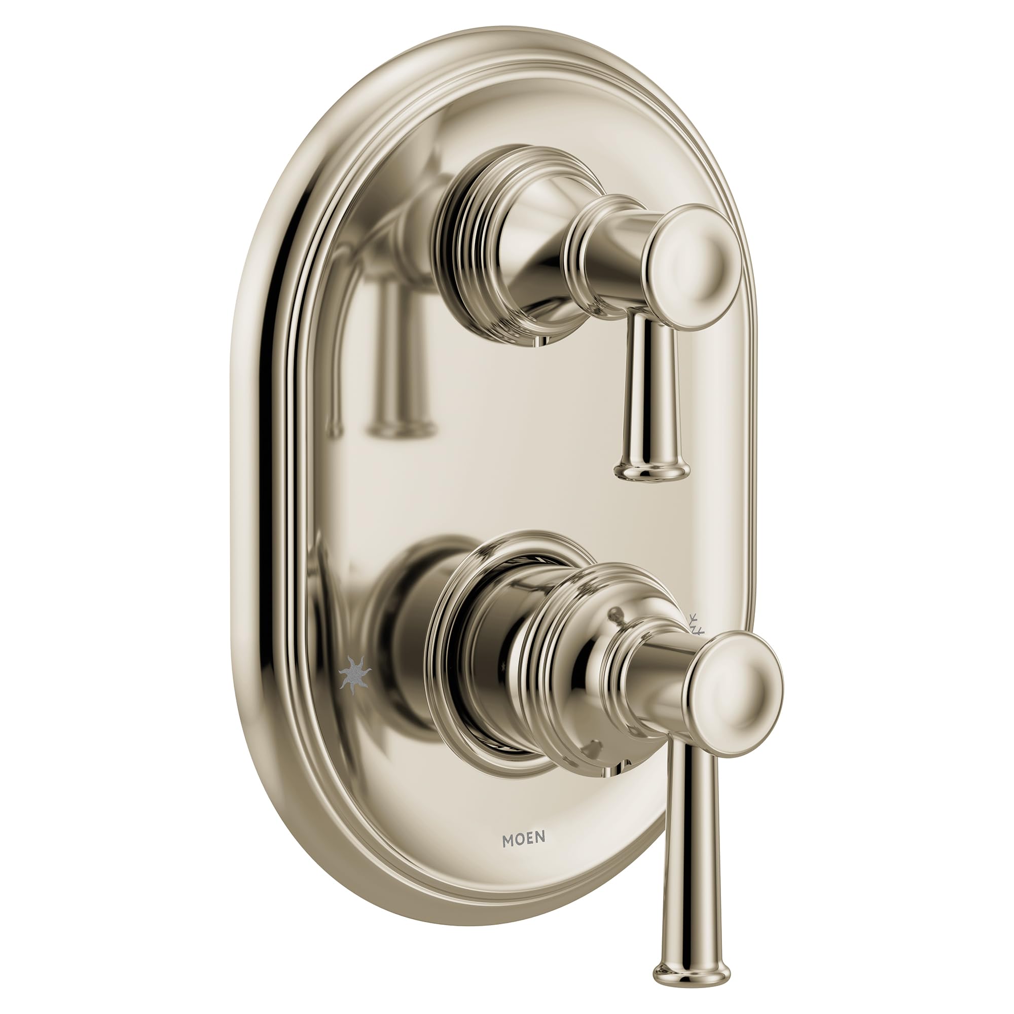 Polished nickel shower trim with oval backplate and two lever handles for water control and temperature adjustment.