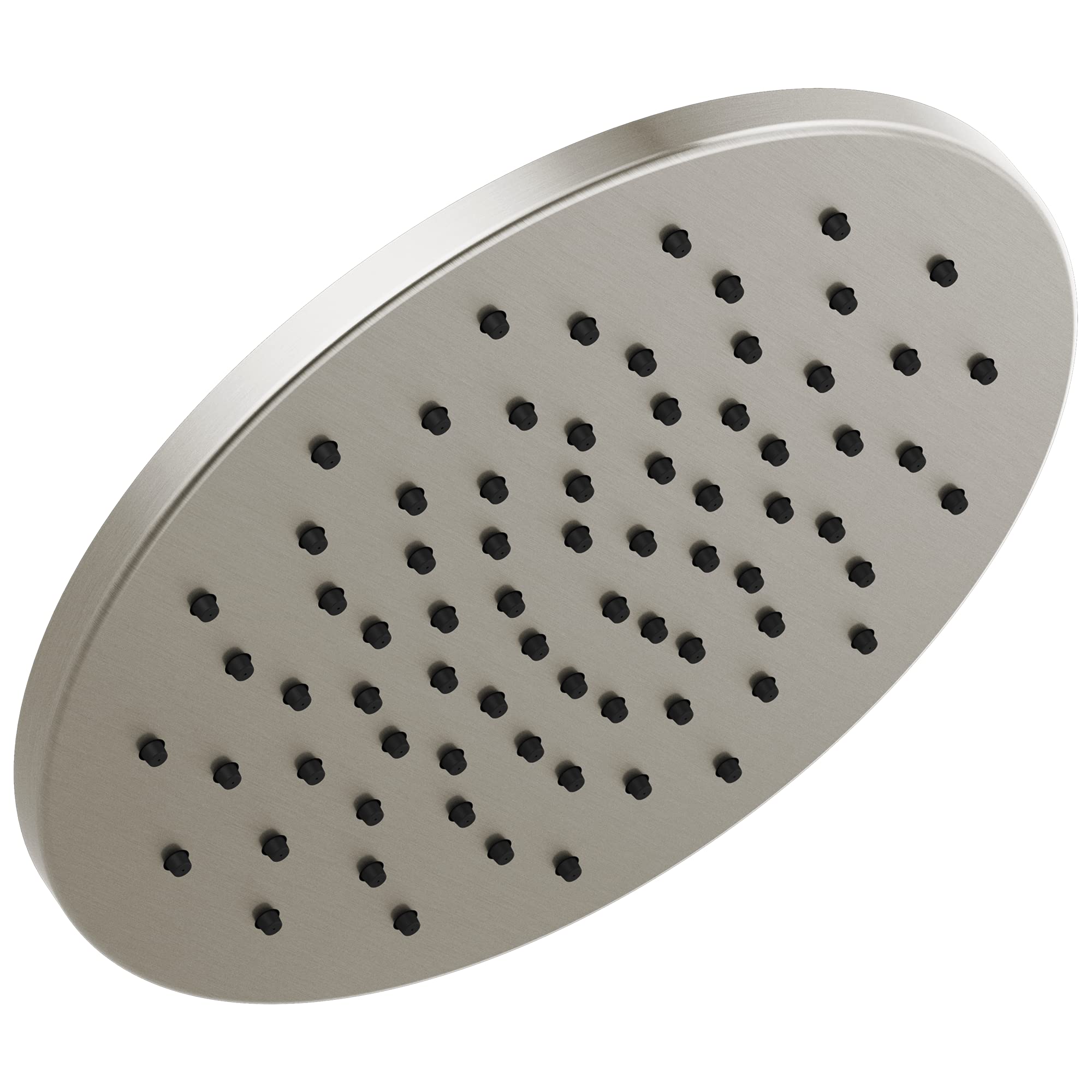 Brushed nickel round raincan shower head with multiple spray holes arranged in grid pattern.