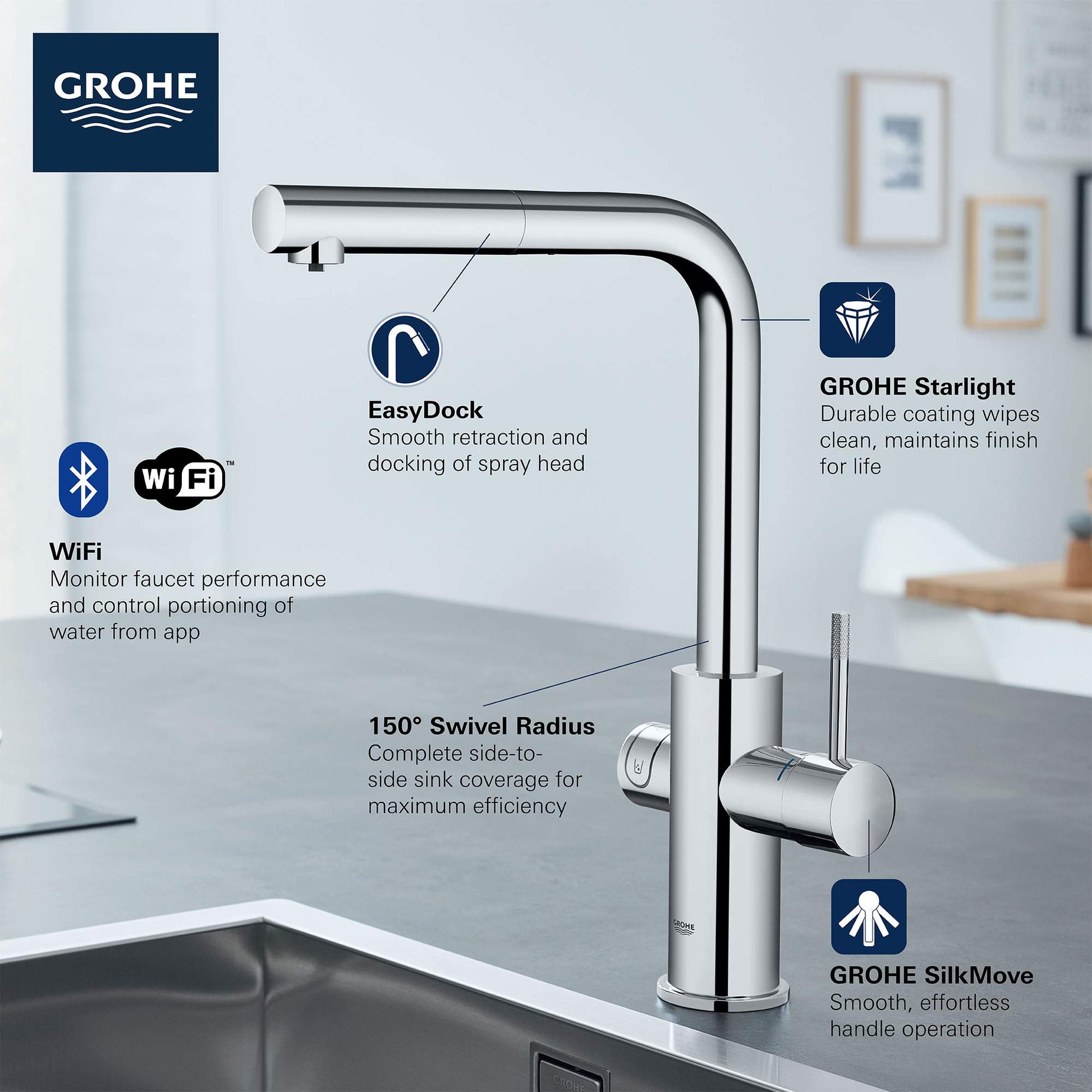 Chrome pull-out kitchen faucet with single handle, curved spout, and integrated water dispensing system on countertop.