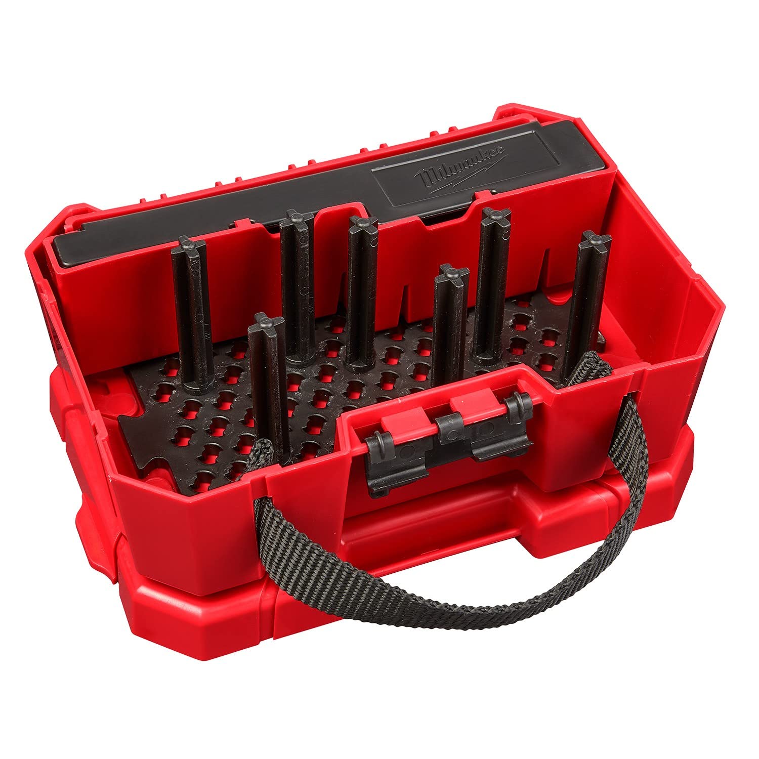 Red and black plastic tool case with multiple black hole saw bits organized in slots and a carrying handle.