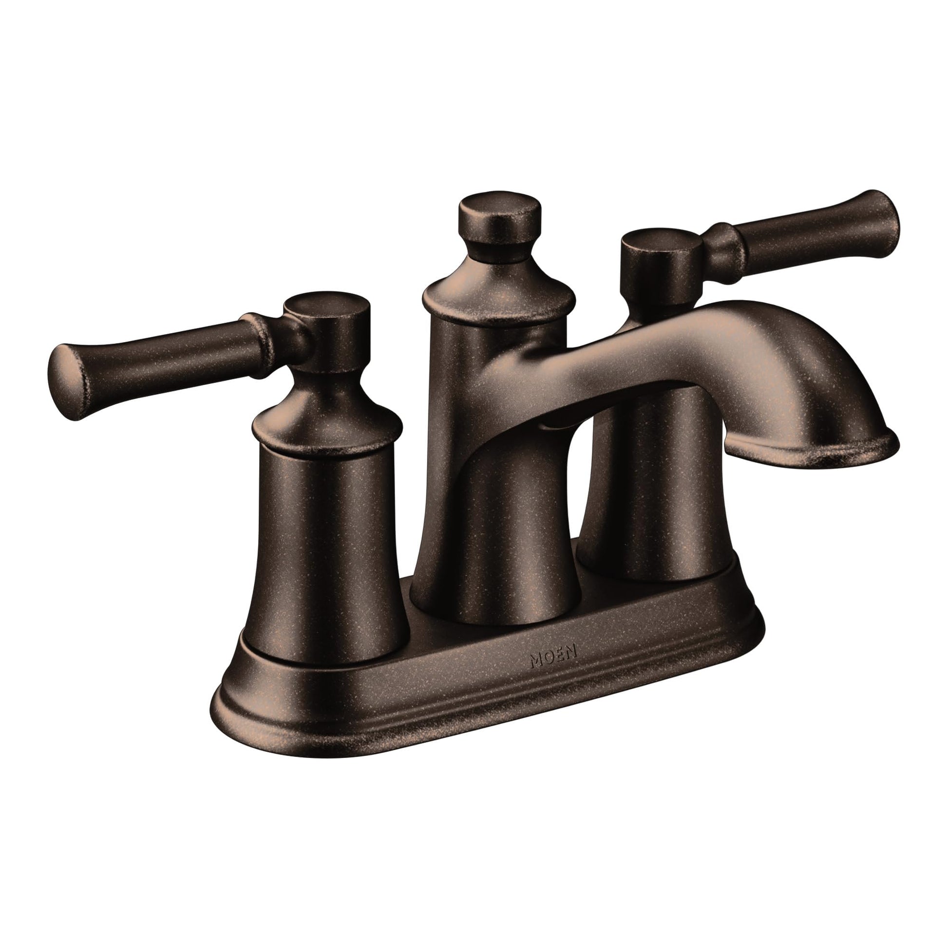 Oil rubbed bronze two-handle bathroom faucet with curved spout and cylindrical handles on rectangular base.