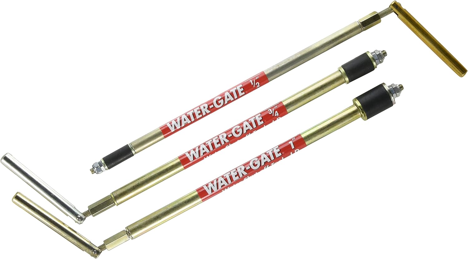 Water-Gate kit with three brass tubes labeled 1/2", 3/4", and 1" sizes, metal handle, and accessories.