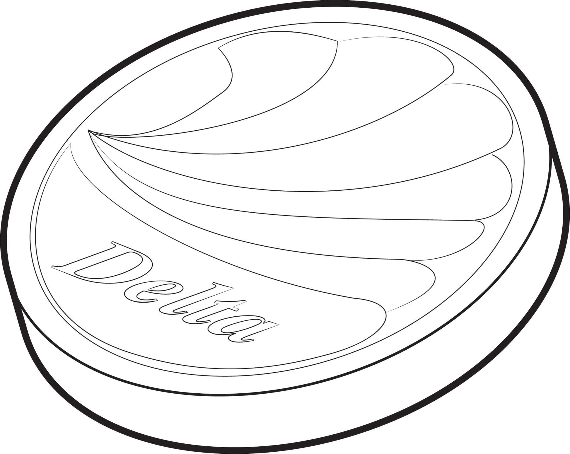 Polished brass bathroom button with Delta branding and curved ridged design on circular face.
