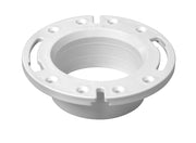 White PVC closet flange with stainless steel ring, mounting holes around perimeter, and dual handles on sides.