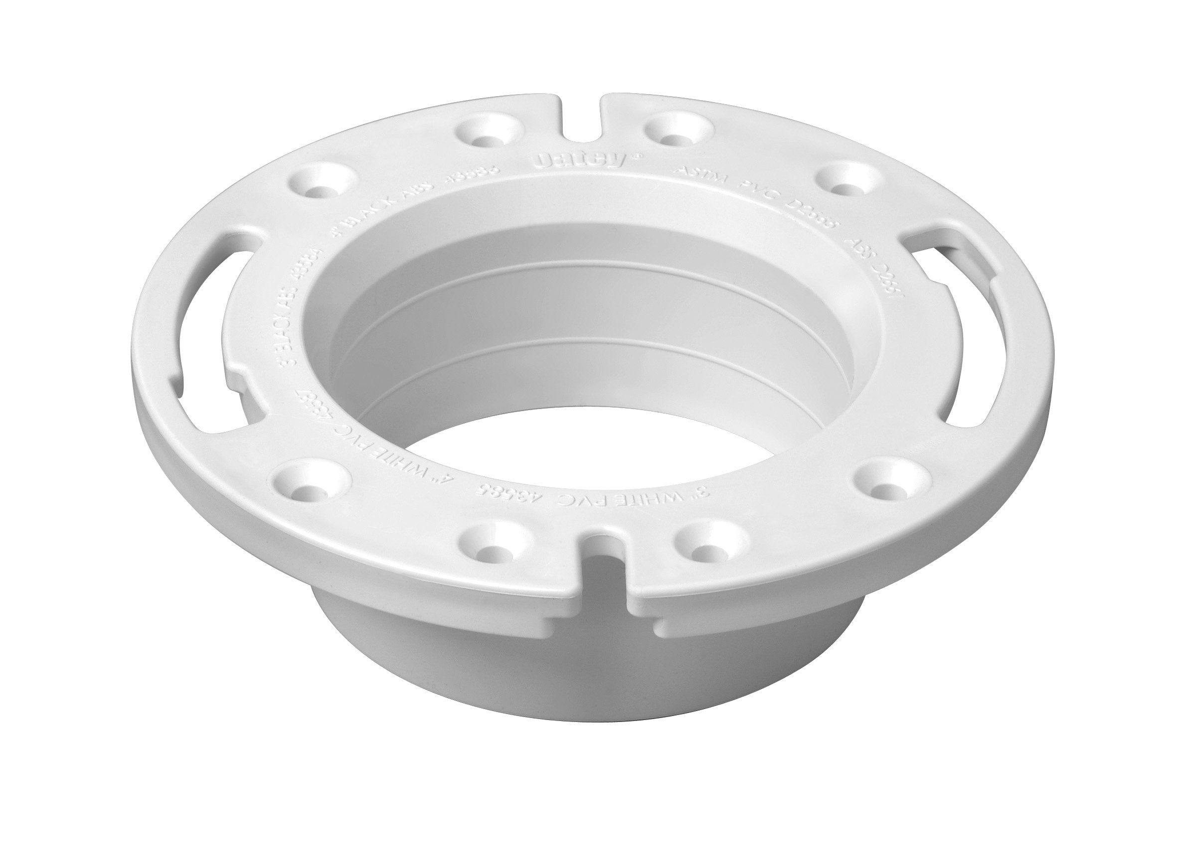 White PVC closet flange with stainless steel ring, mounting holes around base, and two side handles.