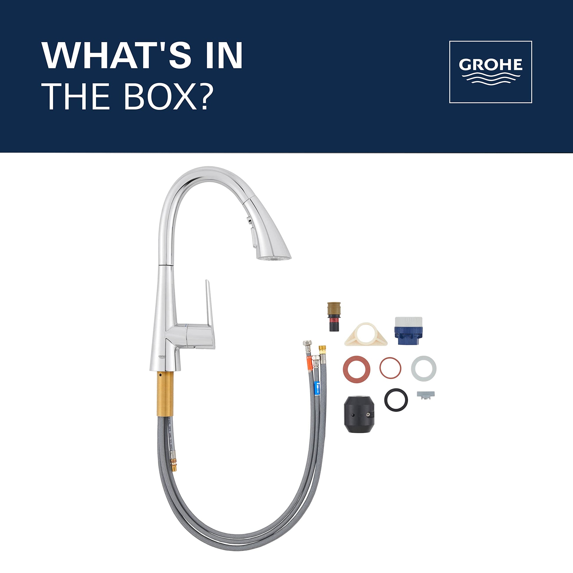 Grohe Zedra single-handle pull-down faucet with flexible hose, spray head, and included installation components and hardware.