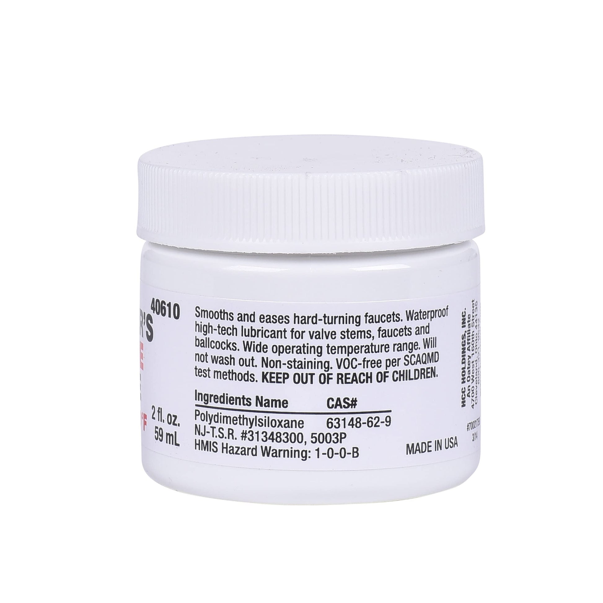 White jar with white screw cap containing silicone grease lubricant with product label and ingredient information.