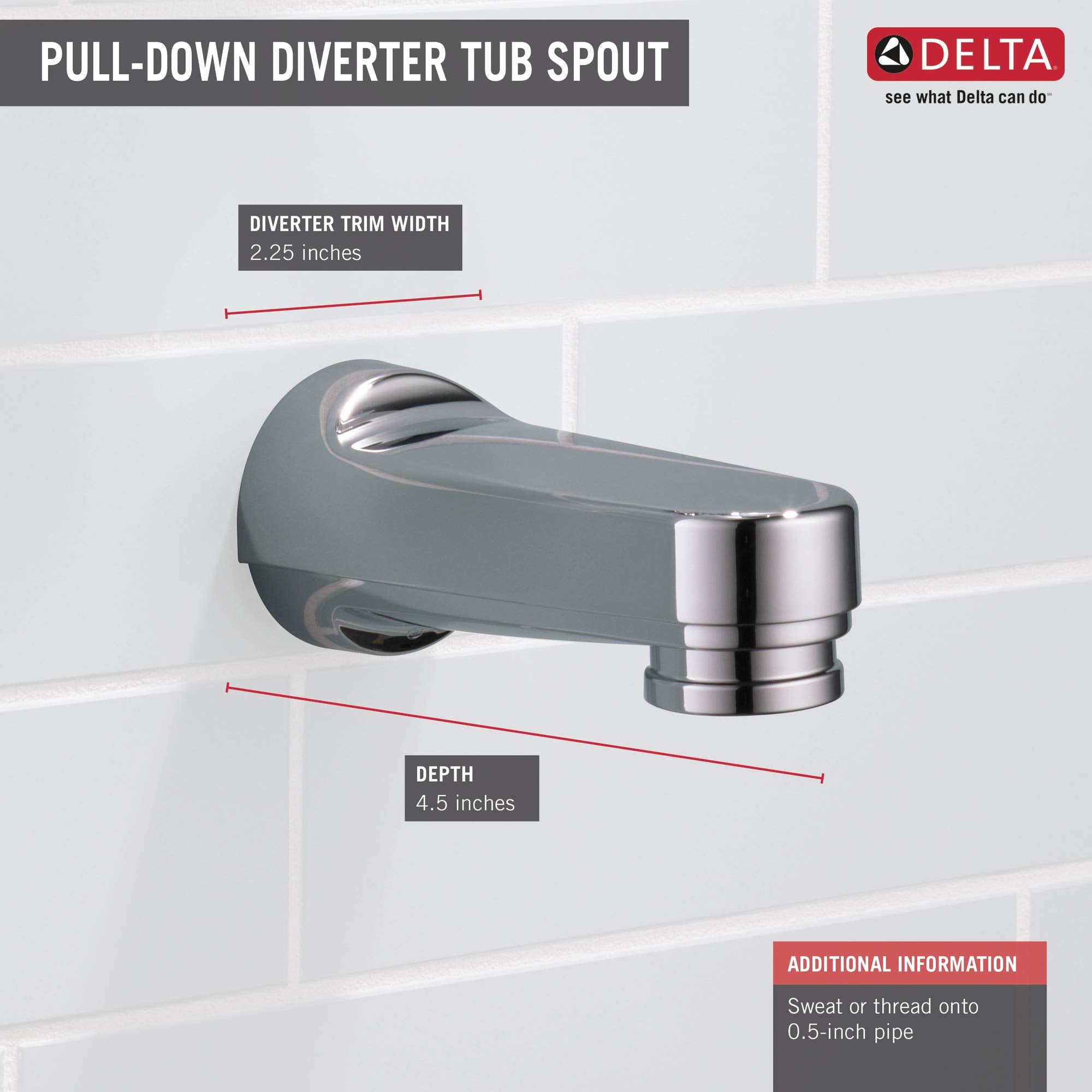 Polished brass pull-down diverter tub spout with curved chrome and gray finish, 2.25 inches wide, 4.5 inches deep.