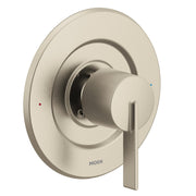 Brushed nickel single-handle shower valve trim with round escutcheon plate and lever handle.