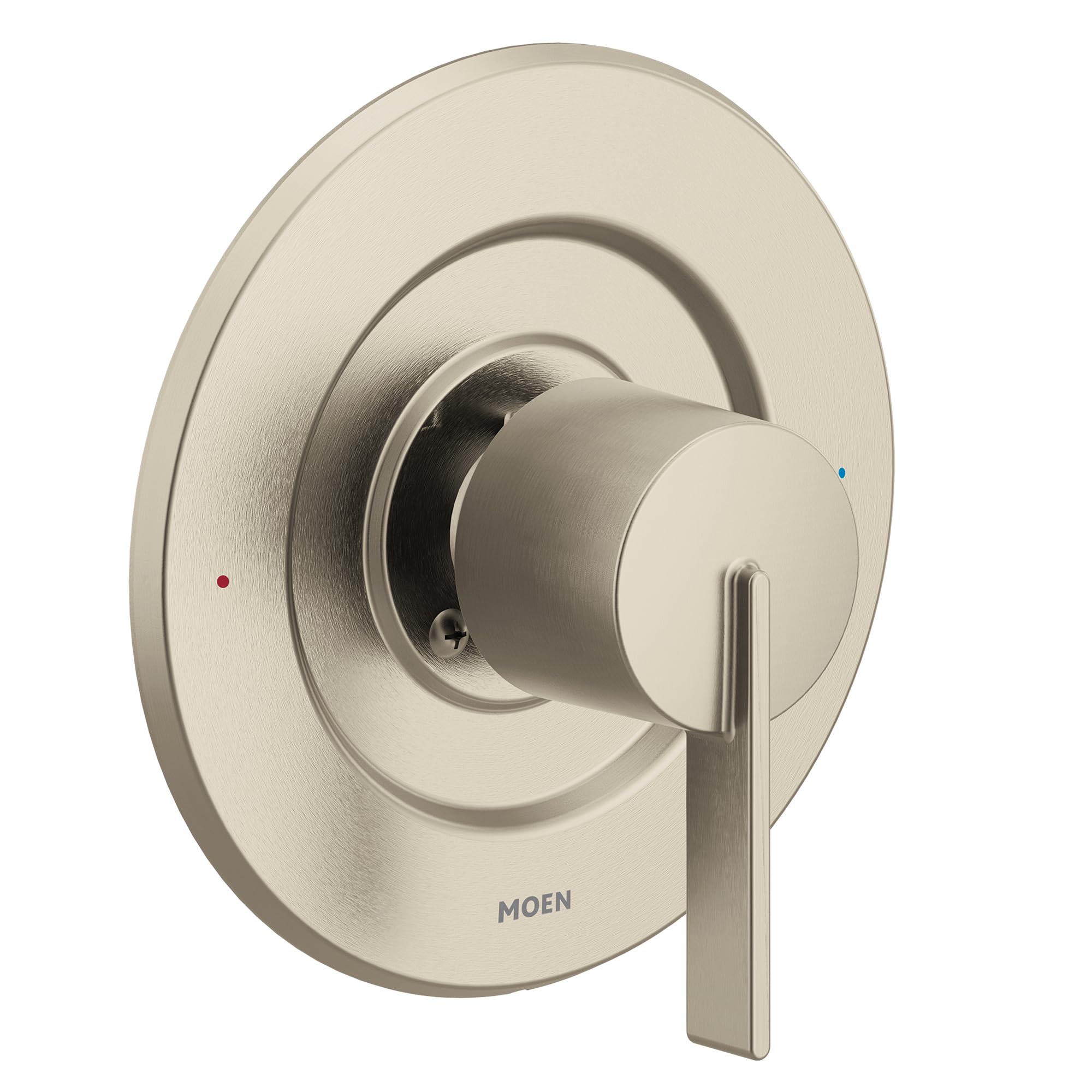 Brushed nickel single-handle shower valve trim with round escutcheon plate and lever handle.