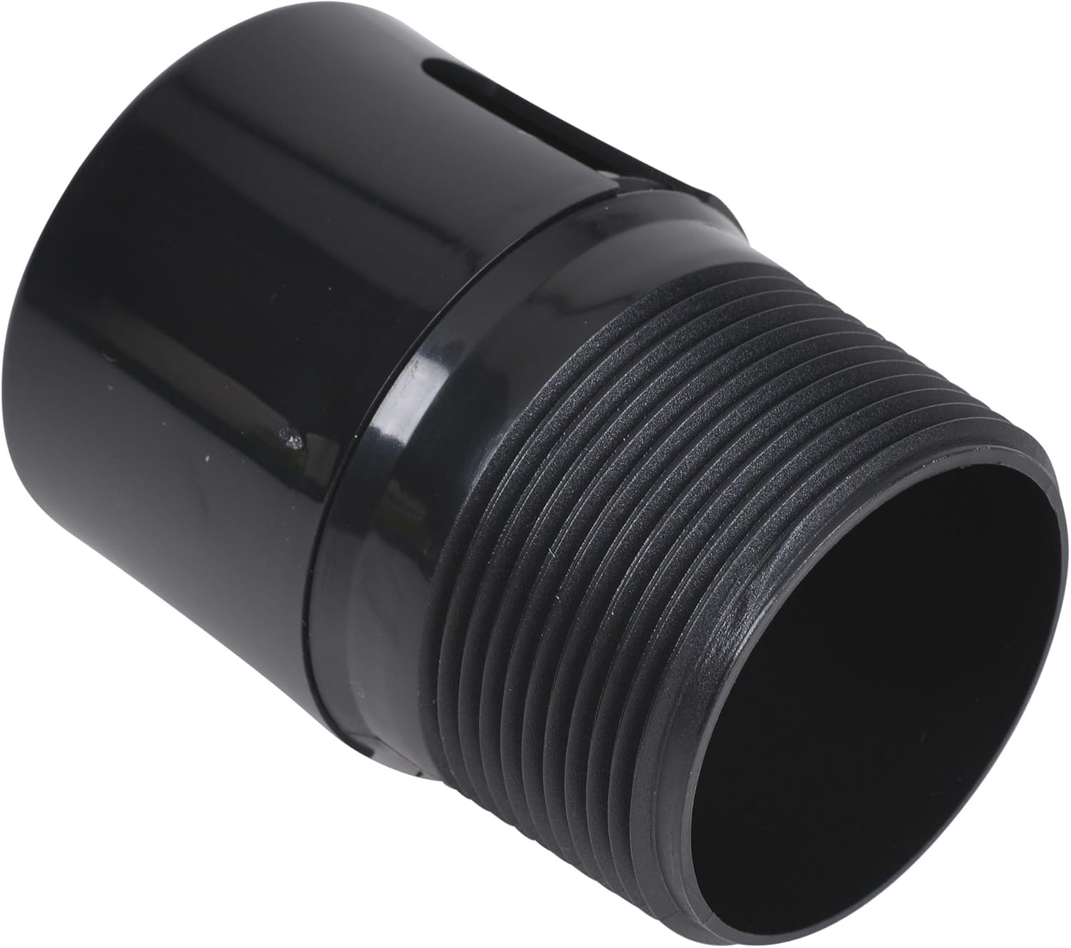 Black ABS inline vent with threaded male connection and slot opening on top.