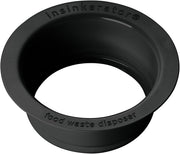 Matte black round sink flange with InSinkErator branding and food waste disposer text molded into the rim.