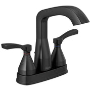 Black centerset faucet with tall curved spout, two lever handles, and metal base with pop-up drain.