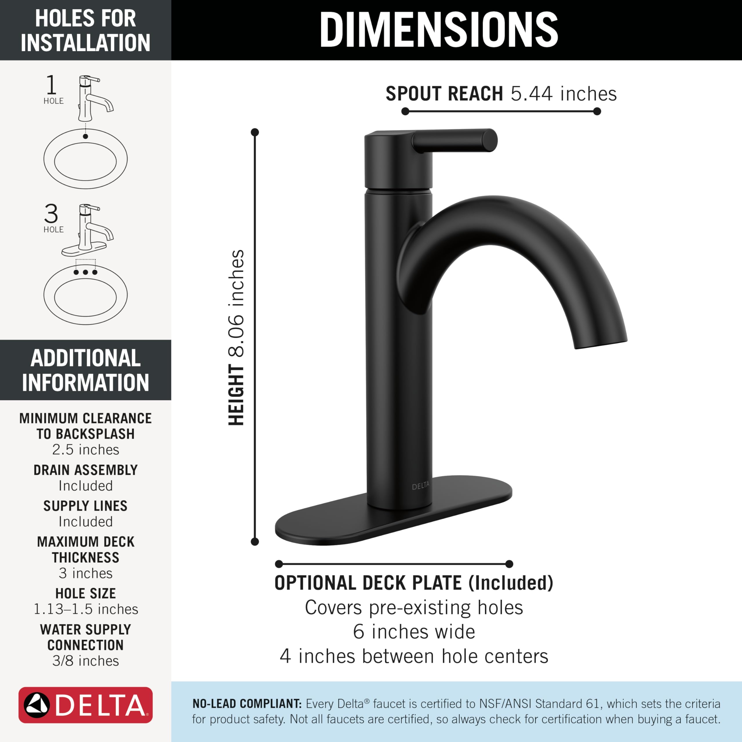 Matte black single handle bathroom faucet with curved spout, 8.06 inches tall, 5.44 inch spout reach, includes deck plate.