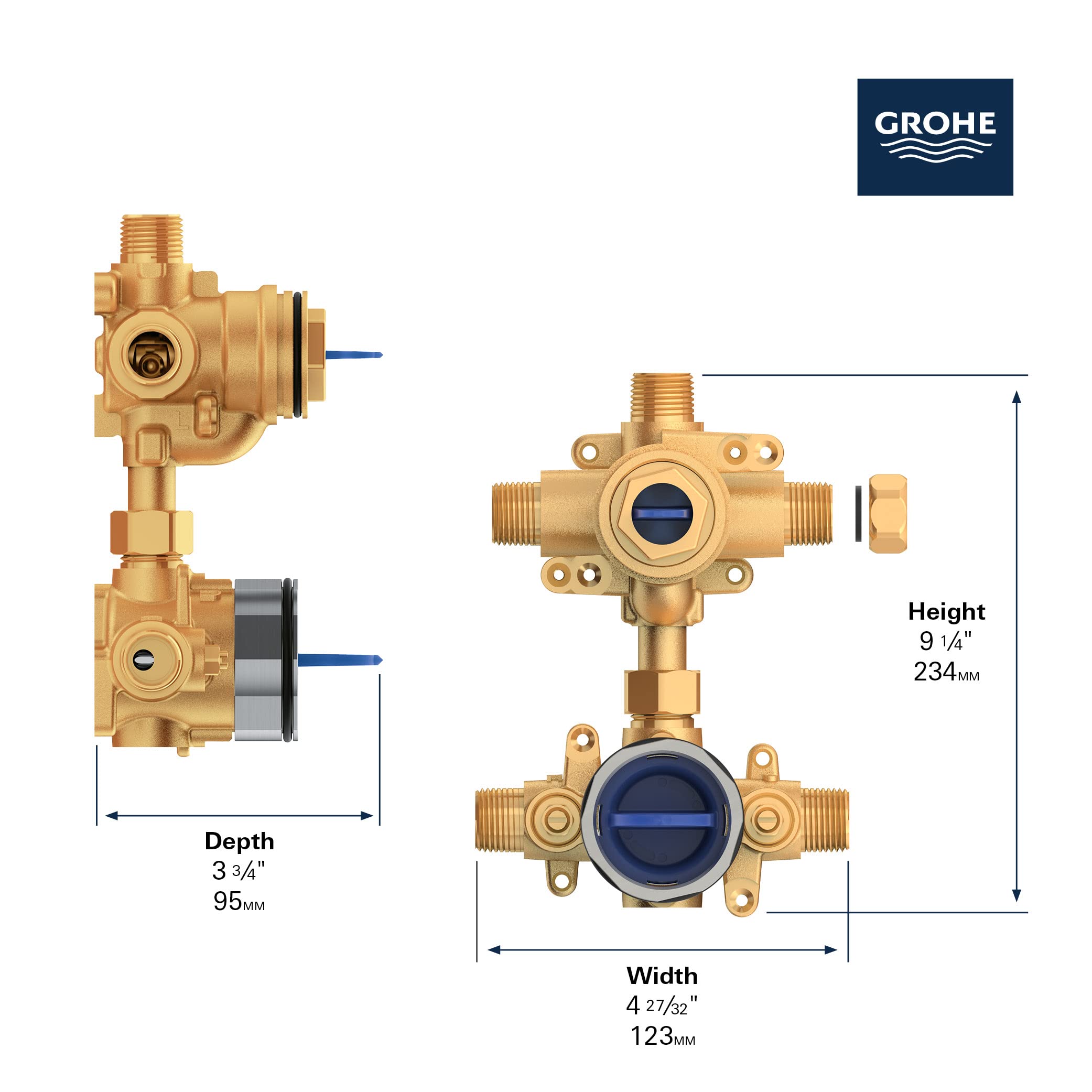 Grohe brass pressure balance valve cartridge assembly with blue internal components and threaded connections, shown from side