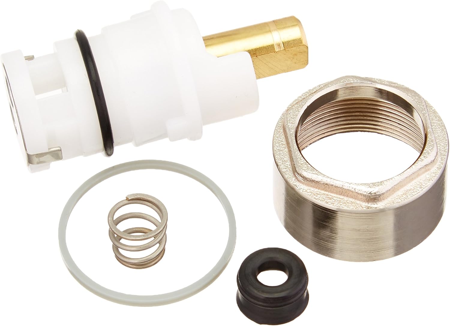 Delta Talbott faucet repair kit with white stem unit, brass fitting, metal bonnet nut, spring, seat, and washers.