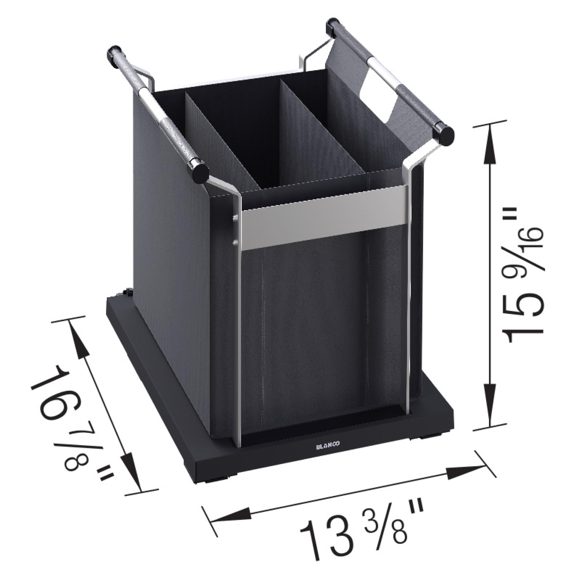 Black sink organizer with multiple compartments, metal handles, and dimensions marked for under-sink storage.