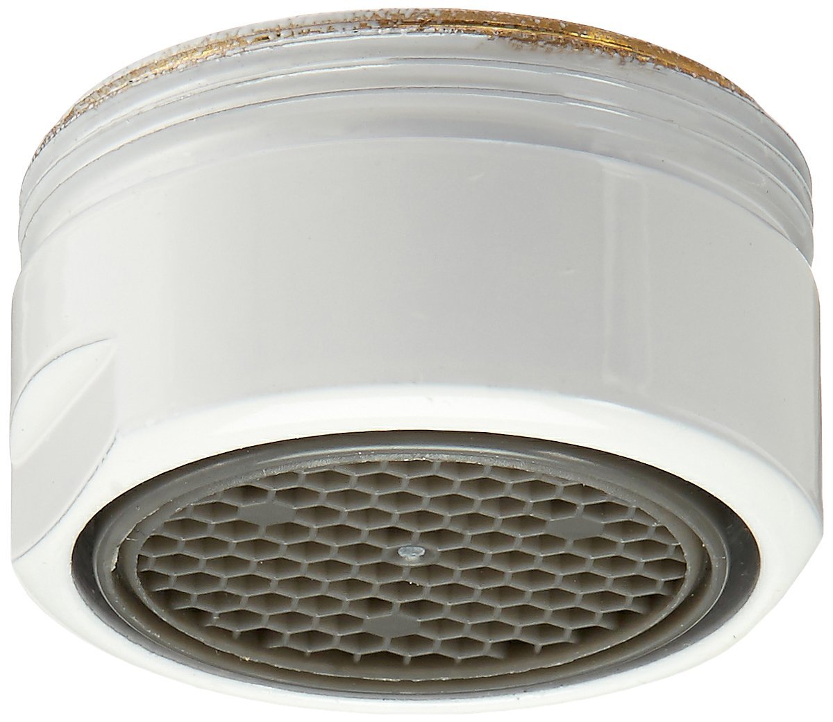 White faucet aerator with gold-tone top rim and dark gray mesh screen insert.