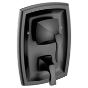 Matte black shower valve trim with curved rectangular plate, upper diverter control, and lower lever handle.