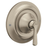 Moen brushed nickel single-handle shower valve trim with lever handle and concentric circular escutcheon plate.