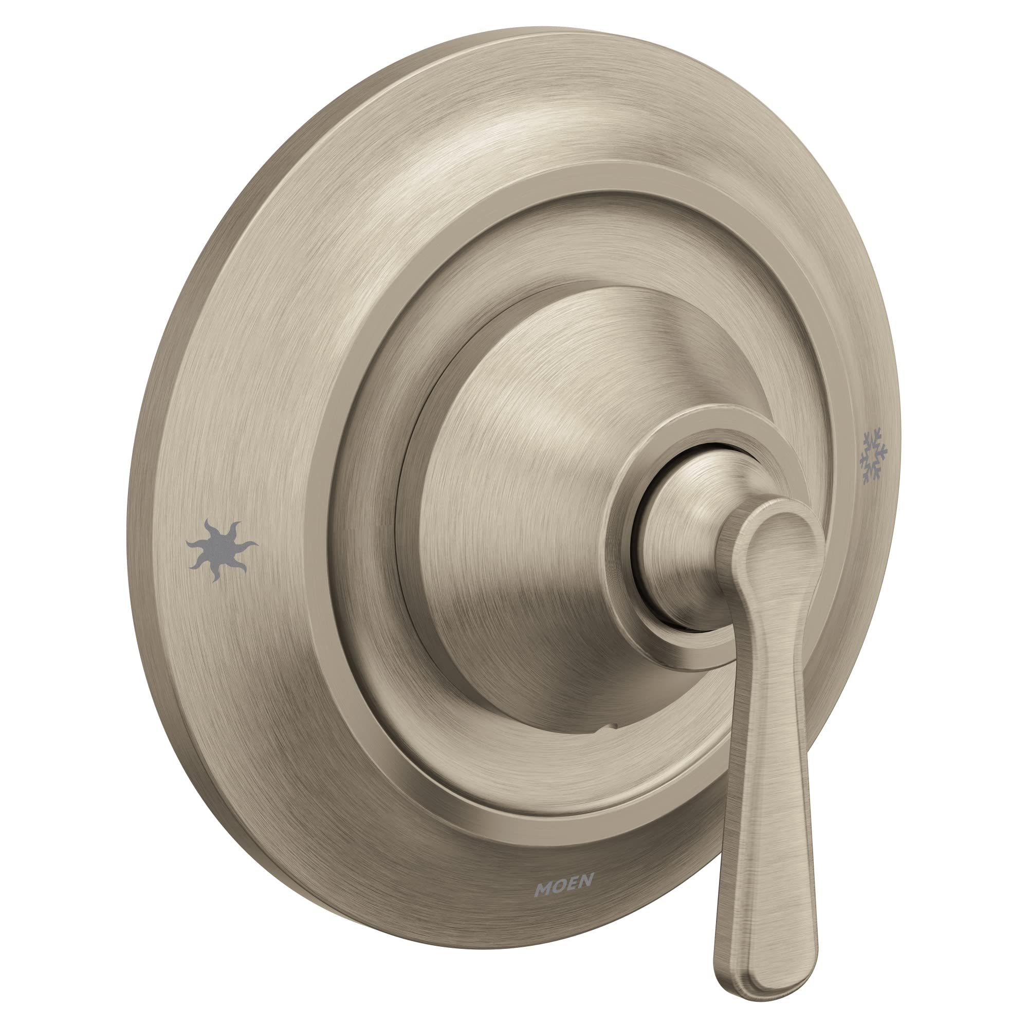 Moen brushed nickel single-handle shower valve trim with lever handle and concentric circular escutcheon plate.