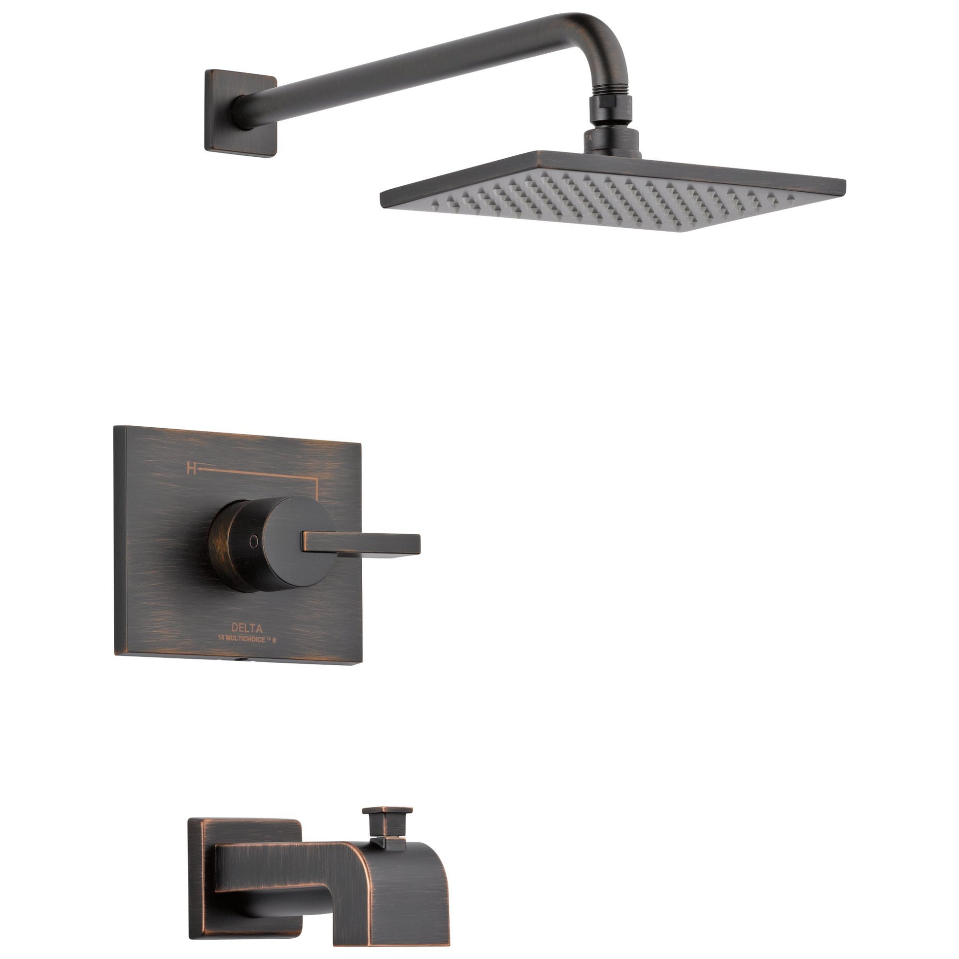 Black tub and shower trim with square showerhead, wall-mounted arm, control valve, and tub spout.