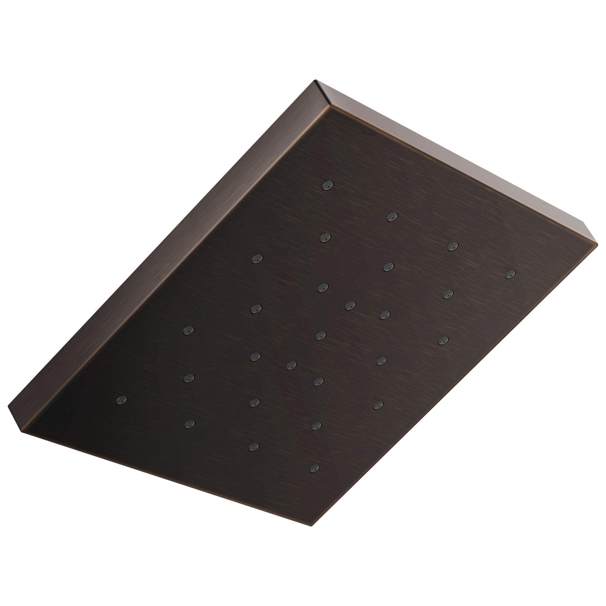Square shower head with dark bronze finish and multiple spray jets on flat surface.