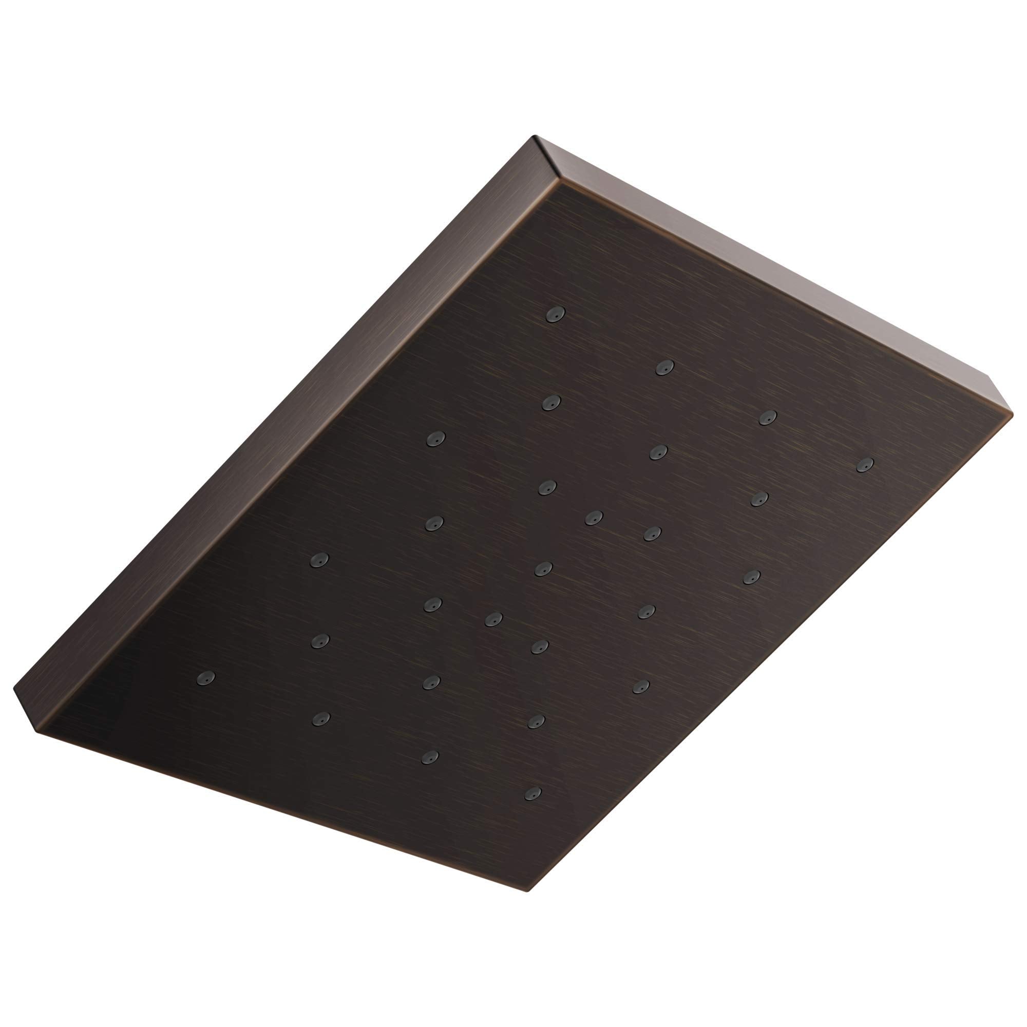 Square shower head with dark bronze finish and multiple spray jets on flat surface.