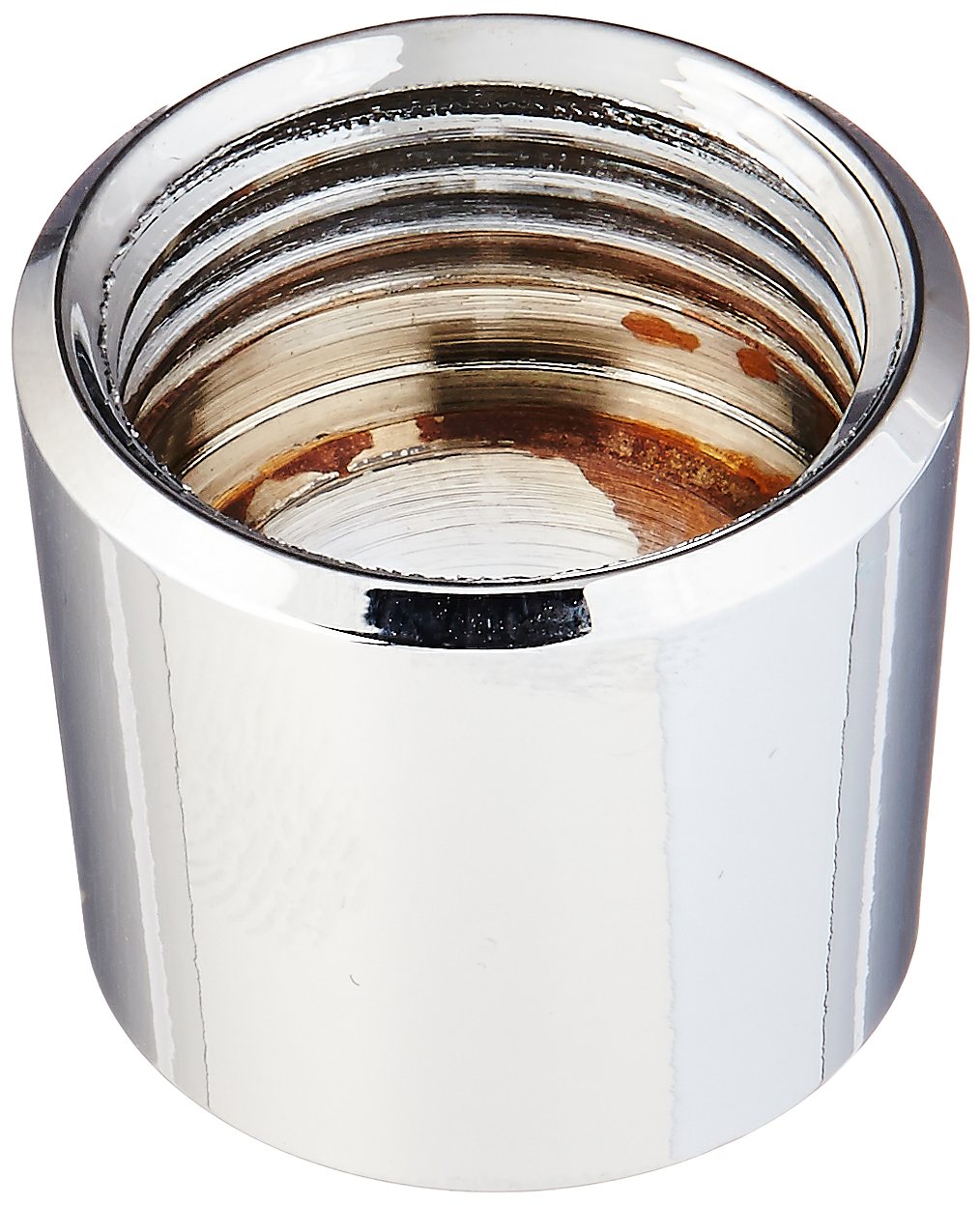 Chrome-finished conical hand shower nut with threaded interior and visible brass components.