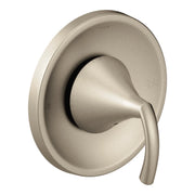Brushed nickel single-handle valve trim with oval escutcheon plate and lever handle.