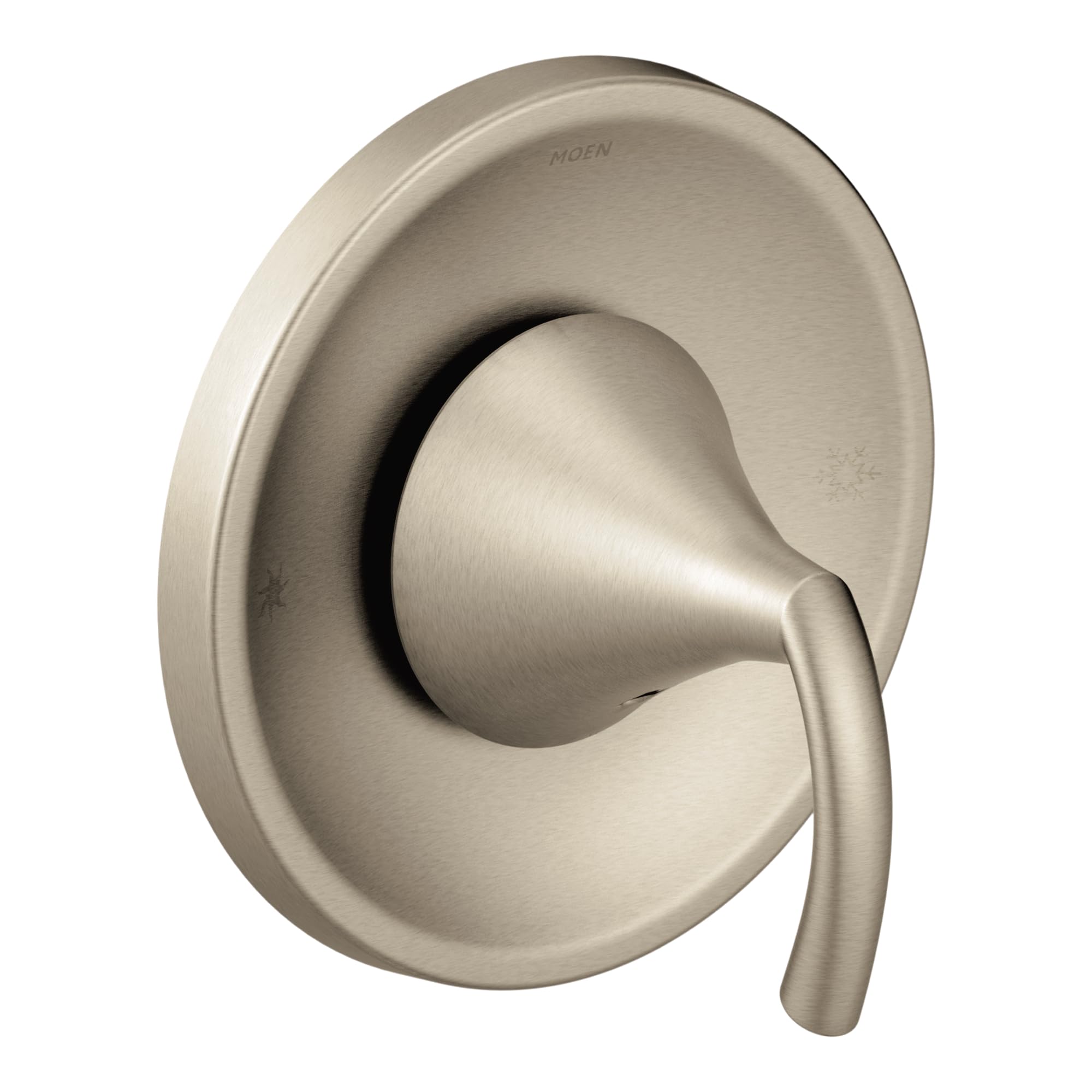 Brushed nickel single-handle valve trim with oval escutcheon plate and lever handle.